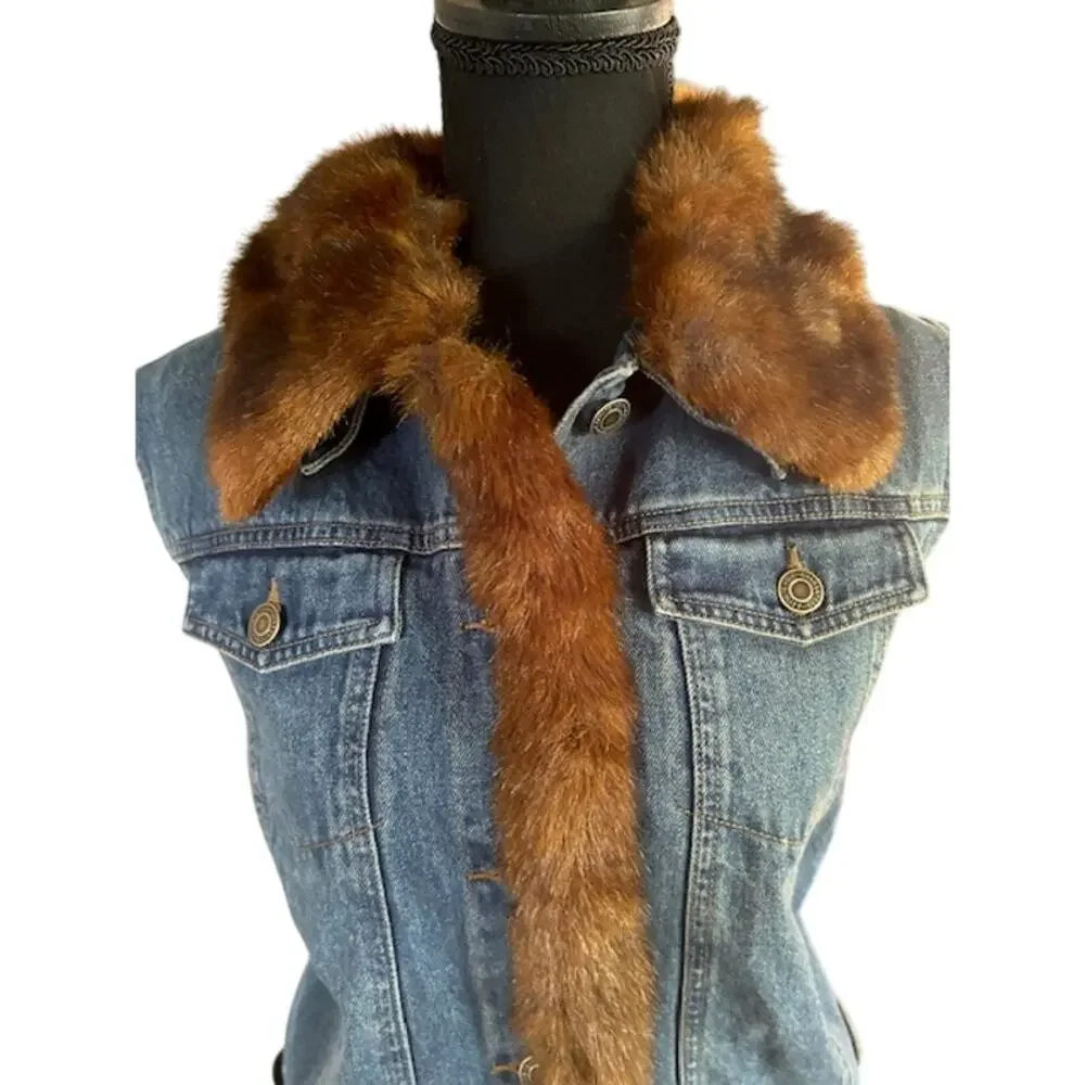 Vintage Fuda Sport Denim Vest with Faux Fur Trim – Size Large NWOT
